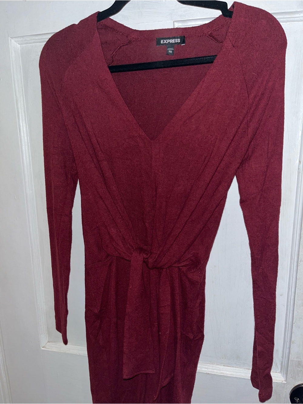 Express Burgundy Long Sleeve V-Neck Tie-Front Dress